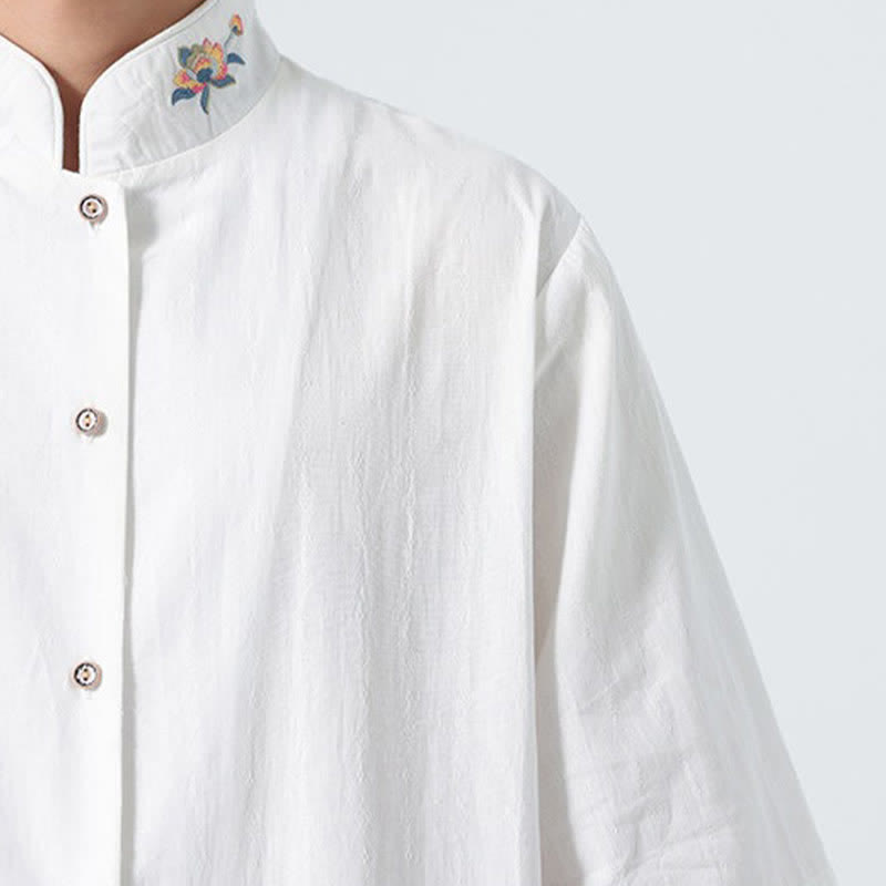 Buddha Stones Summer Tang Style Mandarin Collar Lotus Embroidery Solid Men's Shirts - image 25