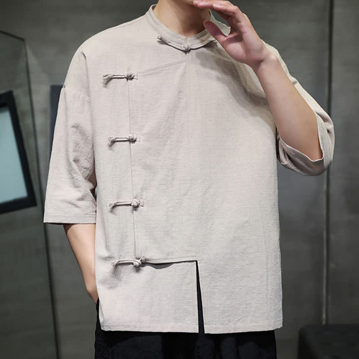 Buddha Stones Summer Tang Style Mandarin Collar Frog Button Solid Short Sleeve Men's Shirts - image 2