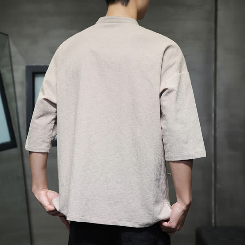 Buddha Stones Summer Tang Style Mandarin Collar Frog Button Solid Short Sleeve Men's Shirts - image 3