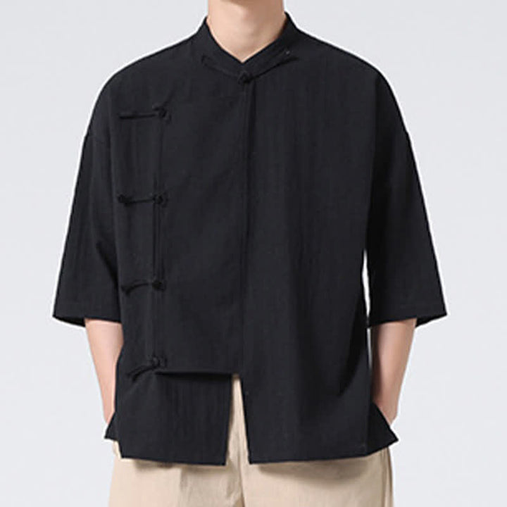 Buddha Stones Summer Tang Style Mandarin Collar Frog Button Solid Short Sleeve Men's Shirts - image 13