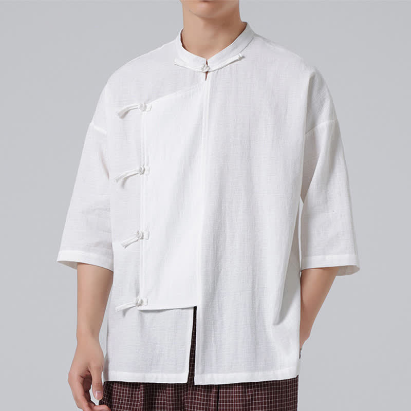 Buddha Stones Summer Tang Style Mandarin Collar Frog Button Solid Short Sleeve Men's Shirts - image 29