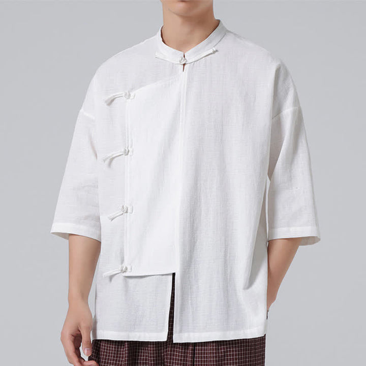 Buddha Stones Summer Tang Style Mandarin Collar Frog Button Solid Short Sleeve Men's Shirts - image 29