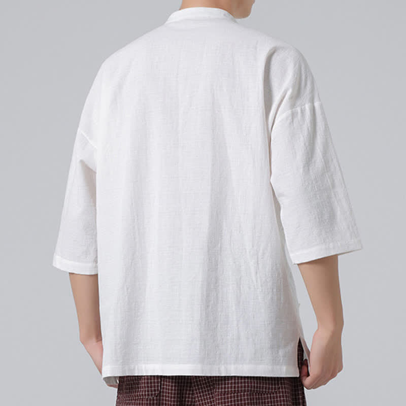 Buddha Stones Summer Tang Style Mandarin Collar Frog Button Solid Short Sleeve Men's Shirts - image 25