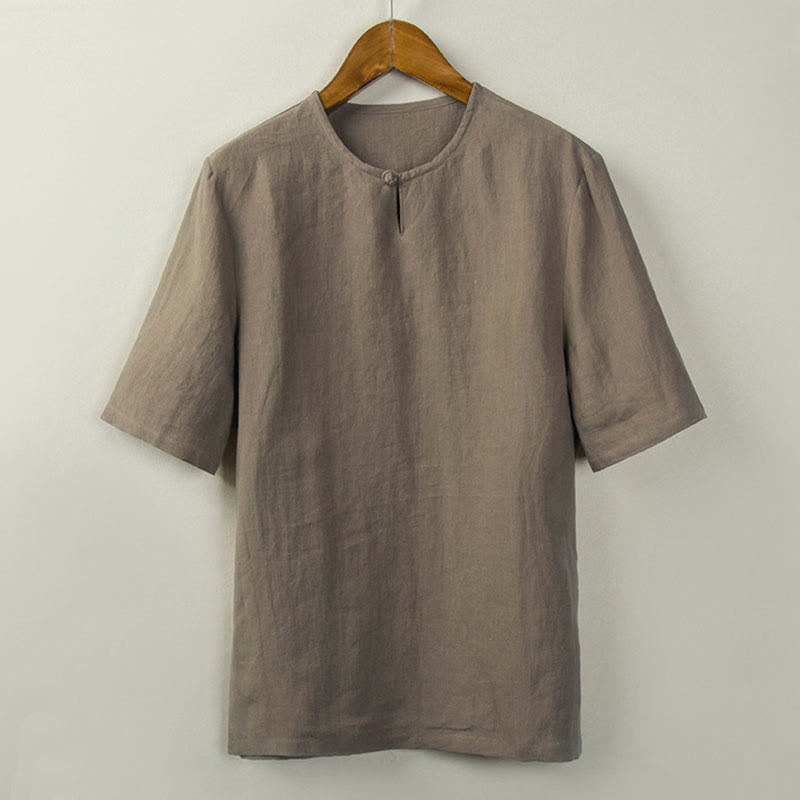 Buddha Stones Summer Tang Style Knot Button Side Slit Solid Men's Shirts - Tan - US/UK/AU44，EU54 (4XL) - image 12