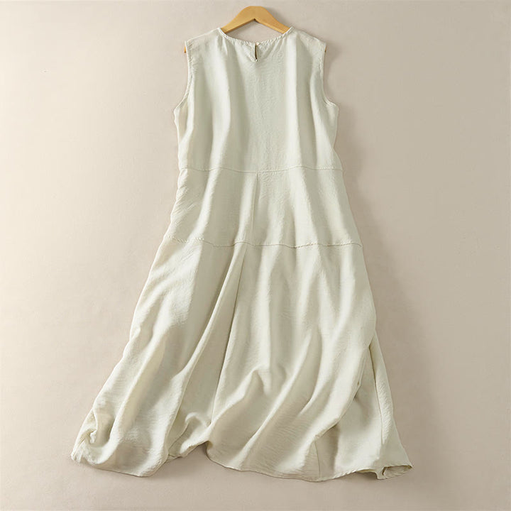 Buddha Stones Summer Cotton High Waist Women's Sleeveless Midi Dress With Pockets - image 5