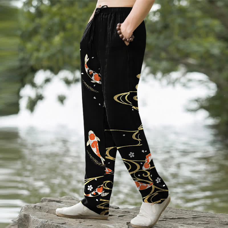 Buddha Stones Cotton Koi Fish Ripple Pattern Men's Tapered Pants With Pockets - image 1