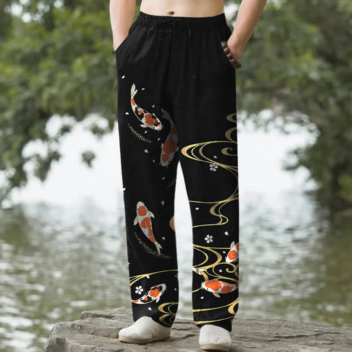 Buddha Stones Cotton Koi Fish Ripple Pattern Men's Tapered Pants With Pockets - Black - US/UK/AU50，EU60 (5XL) - image 0