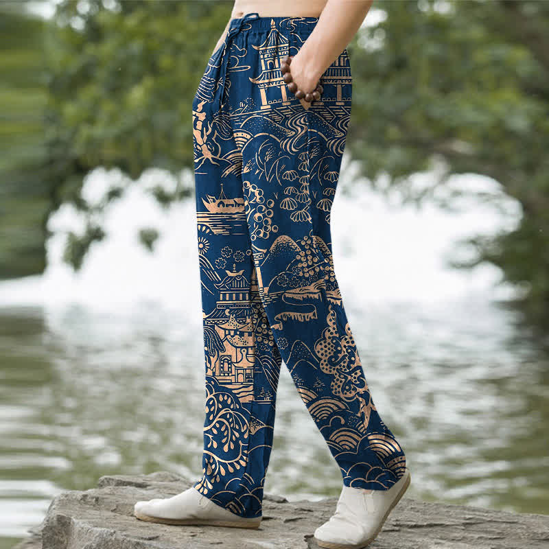Buddha Stones Cotton Oriental Landscape Pattern Men's Tapered Pants With Pockets - image 9