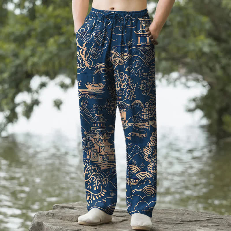 Buddha Stones Cotton Oriental Landscape Pattern Men's Tapered Pants With Pockets - Navy - US/UK/AU50，EU60 (5XL) - image 8