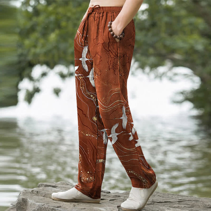 Buddha Stones Cotton White Crane Wave Pattern Men's Tapered Pants With Pockets - image 9