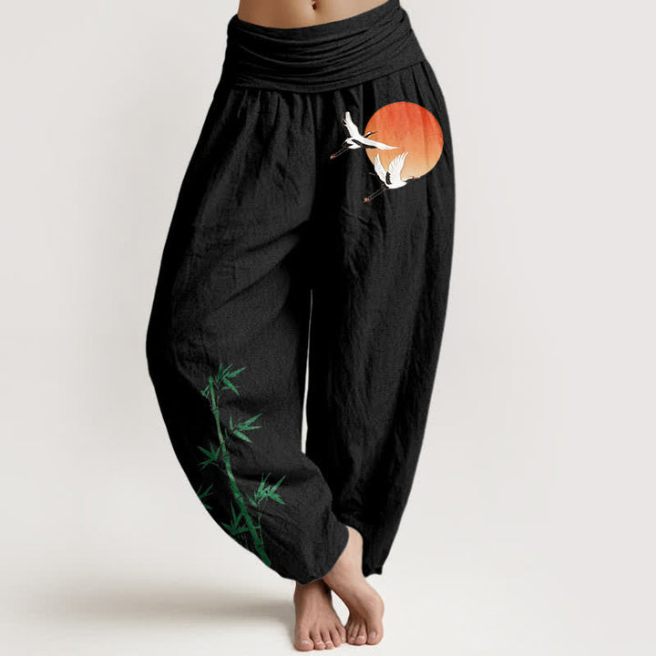 Buddha Stones Pure Cotton Sun Crane Bamboo Pattern Women's Elastic Waist Harem Pants - Black - US16，UK/AU20，EU48 (3XL) - image 5