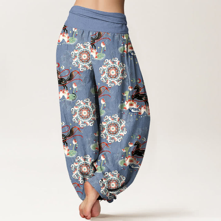 Buddha Stones Pure Cotton Horse, Lotus And Mandala Pattern Women's Elastic Waist Harem Pants - image 1