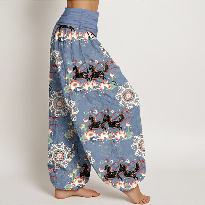 Buddha Stones Pure Cotton Horse, Lotus And Mandala Pattern Women's Elastic Waist Harem Pants - image 2