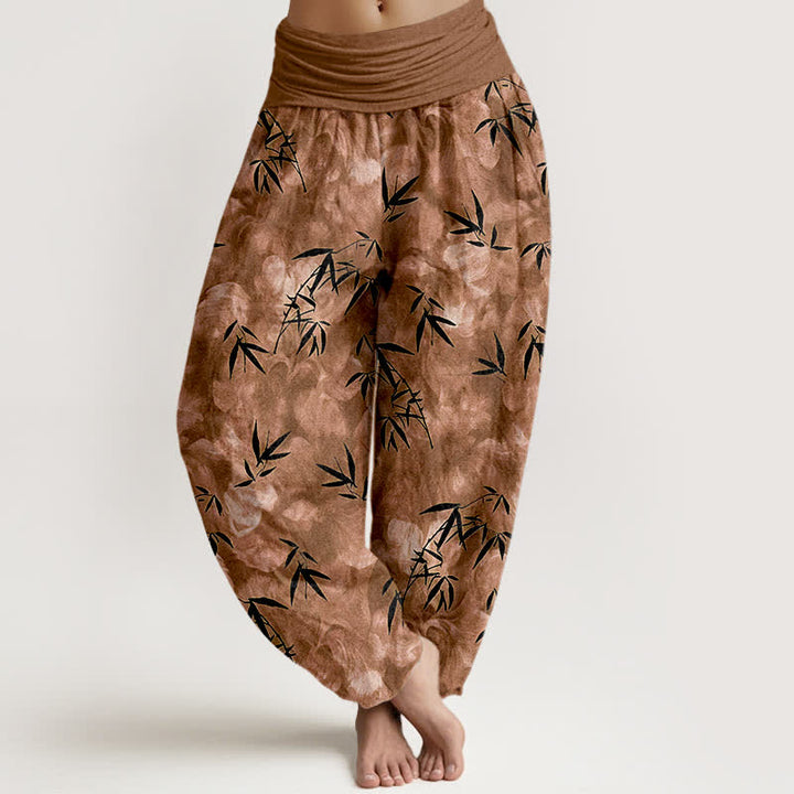 Buddha Stones Pure Cotton Black Bamboo Leaf Pattern Women's Elastic Waist Harem Pants - Peru - US16，UK/AU20，EU48 (3XL) - image 5