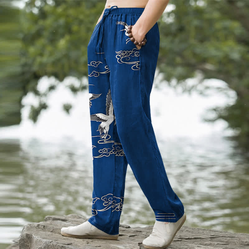 Buddha Stones Cotton White Crane Wave Pattern Men's Tapered Pants With Pockets - image 1