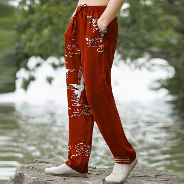 Buddha Stones Cotton White Crane Wave Pattern Men's Tapered Pants With Pockets - image 5