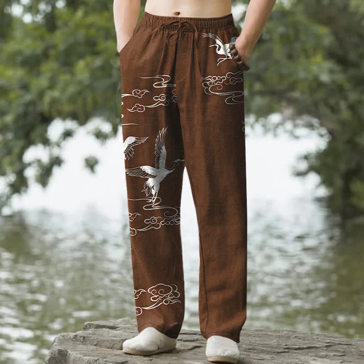 Buddha Stones Cotton White Crane Wave Pattern Men's Tapered Pants With Pockets - SaddleBrown - US/UK/AU50，EU60 (5XL) - image 6