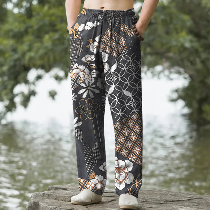 Buddha Stones Cotton Bohemian Floral Geometric Pattern Men's Tapered Pants With Pockets - DimGray - US/UK/AU50，EU60 (5XL) - image 6