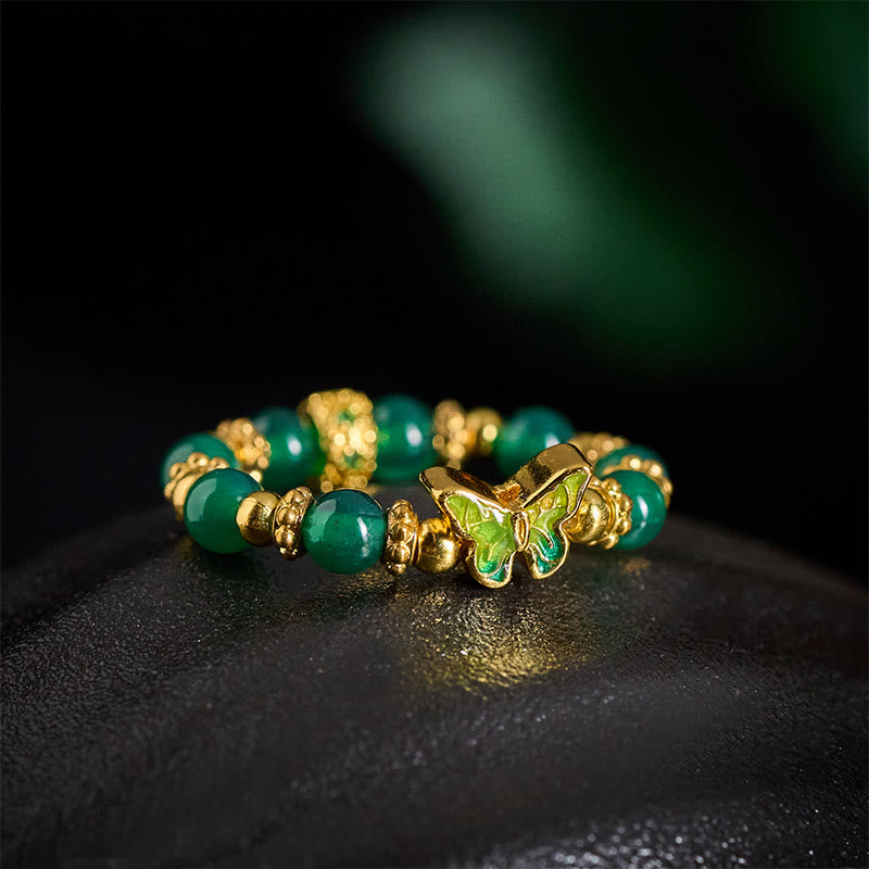 Buddha Stones Natural Green Agate Bead Copper Butterfly Renewal Ring - image 3