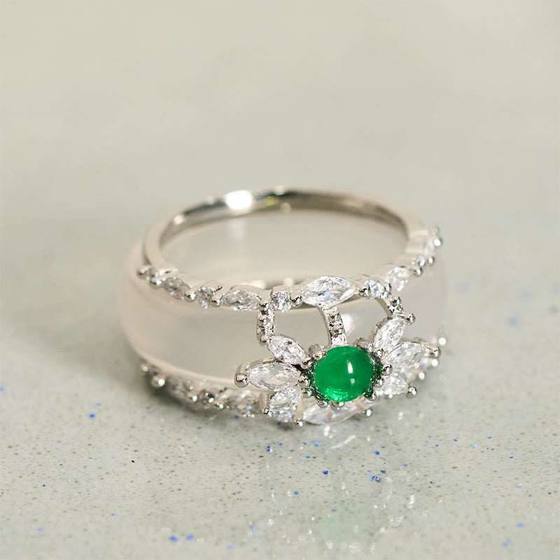 Buddha Stones Chalcedony Flower Green Zircon Positive Ring - image 2