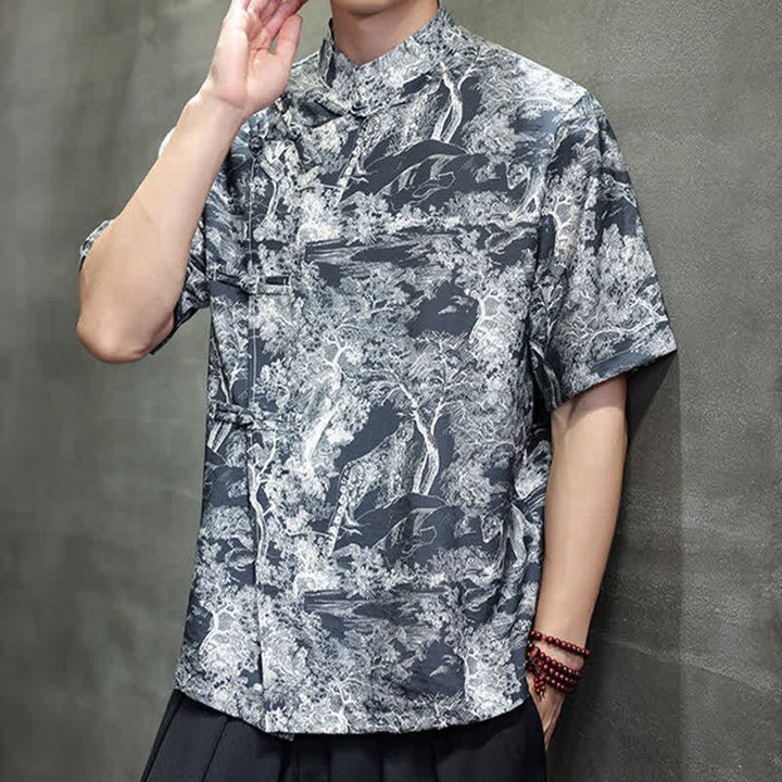 Buddha Stones Summer Tang Style Frog Button Trees Abstract Pattern Men's Short Sleeve Shirts - image 2