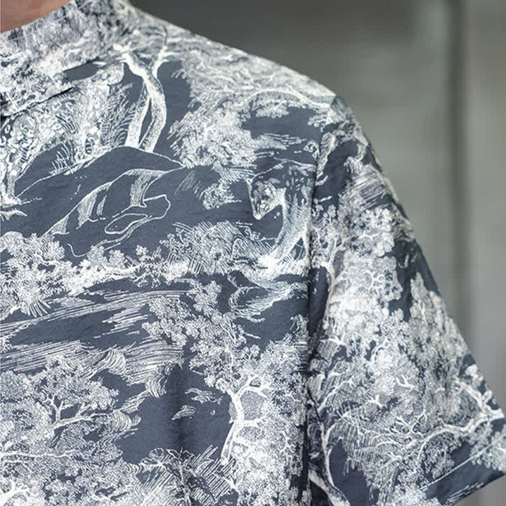 Buddha Stones Summer Tang Style Frog Button Trees Abstract Pattern Men's Short Sleeve Shirts - image 11