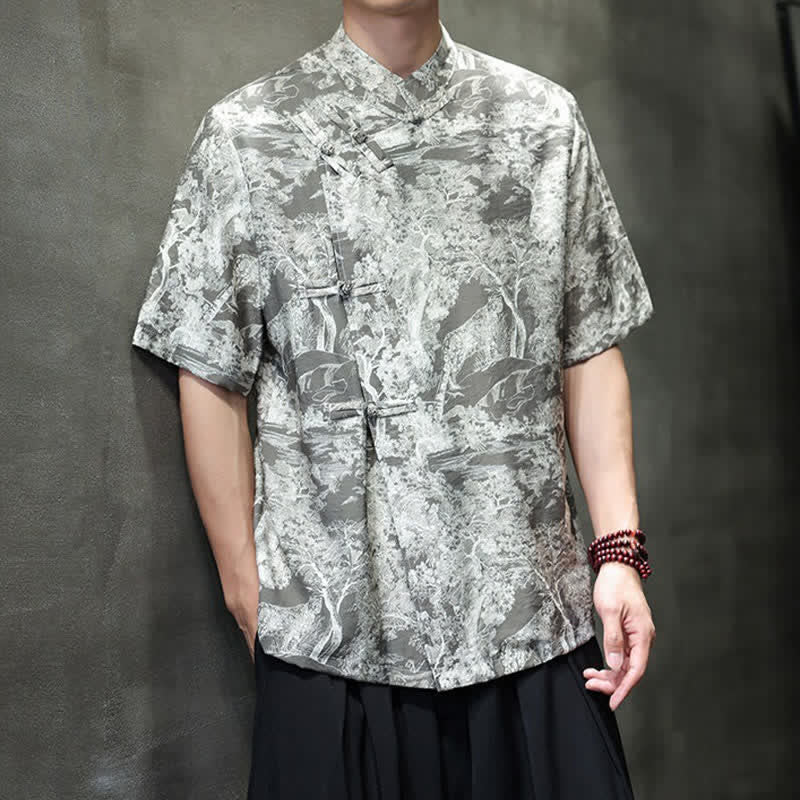 Buddha Stones Summer Tang Style Frog Button Trees Abstract Pattern Men's Short Sleeve Shirts - image 20
