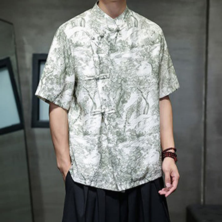 Buddha Stones Summer Tang Style Frog Button Trees Abstract Pattern Men's Short Sleeve Shirts - image 28