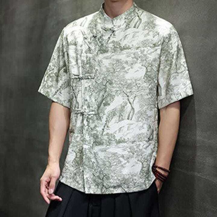 Buddha Stones Summer Tang Style Frog Button Trees Abstract Pattern Men's Short Sleeve Shirts - image 31