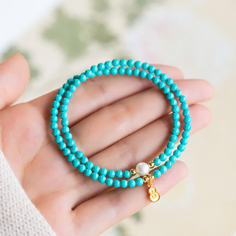 Buddha Stones Turquoise Pearl Gourd Pendant Double Wrap Protection Handmade Bracelet - image 3