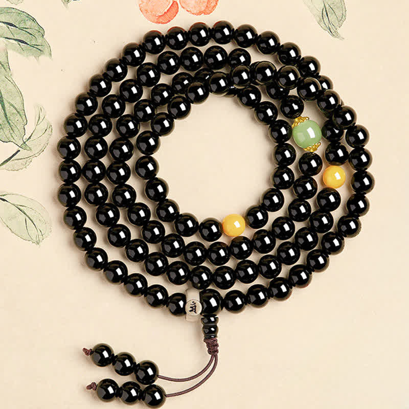 Buddha Stones Black Obsidian Chinese Zodiac Protection Hand Polished 108 Bead Tassel Mala - Rabbit-Manjushri Bodhisattva - 8mm - image 2