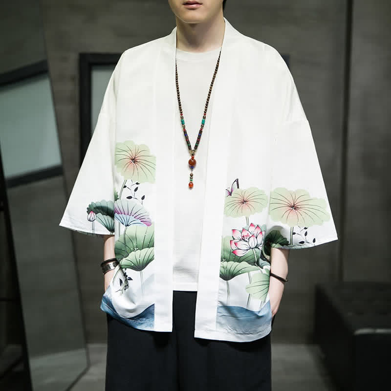 Buddha Stones Summer Casual Lotus Leaves Butterfly Crane Print Open Front Men's Kimono - White - US/UK/AU46，EU56 (5XL) - image 0