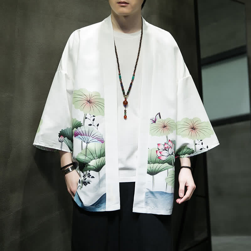 Buddha Stones Summer Casual Lotus Leaves Butterfly Crane Print Open Front Men's Kimono - image 7