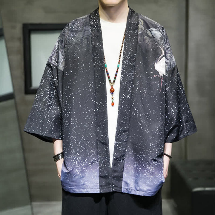 Buddha Stones Summer Casual Lotus Leaves Butterfly Crane Print Open Front Men's Kimono - DarkSlateBlue - US/UK/AU46，EU56 (5XL) - image 24