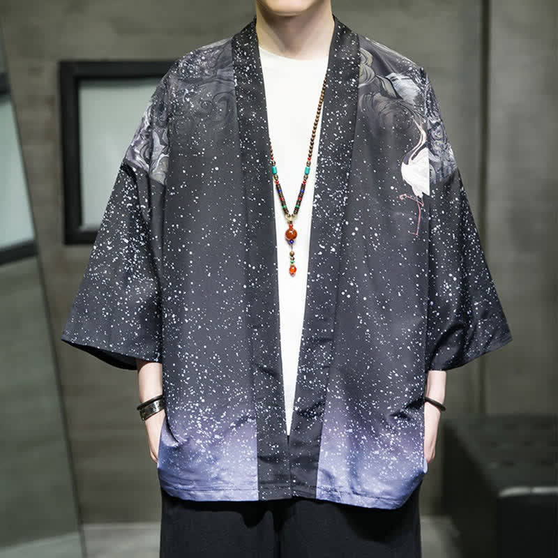 Buddha Stones Summer Casual Lotus Leaves Butterfly Crane Print Open Front Men's Kimono - DarkSlateBlue - US/UK/AU48, EU58 (5XL) - image 24