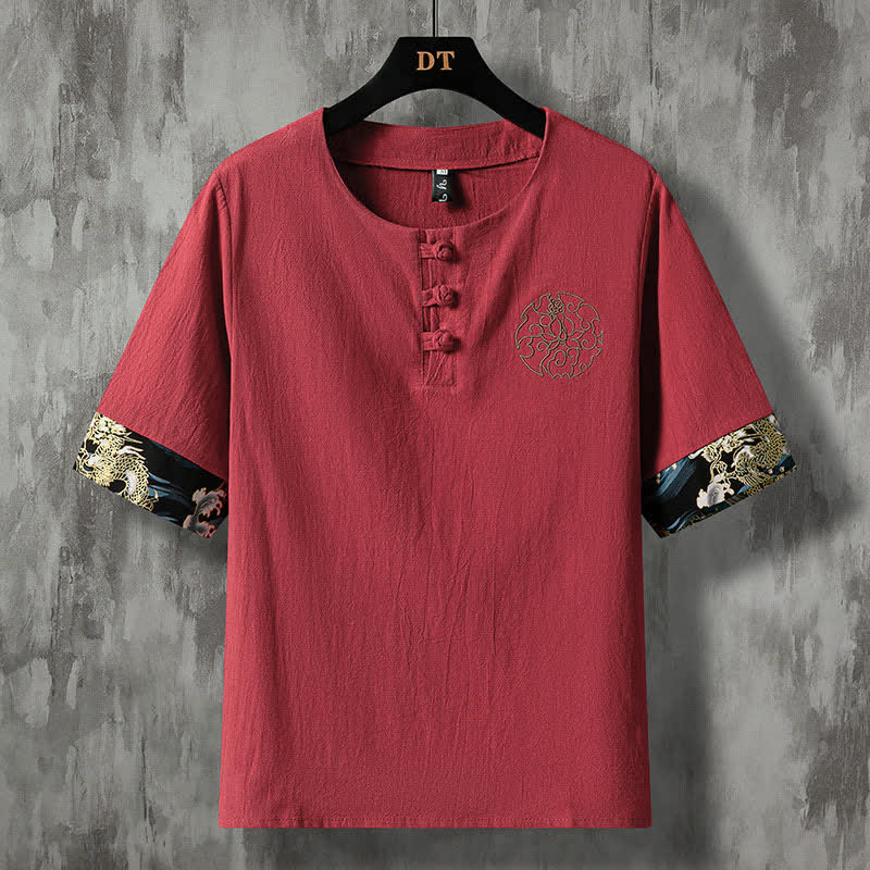 Buddha Stones Summer Casual Frog Button Flower Embroidery Men's Short Sleeve Shirts - Maroon - US/UK/AU46，EU56 (5XL) - image 12