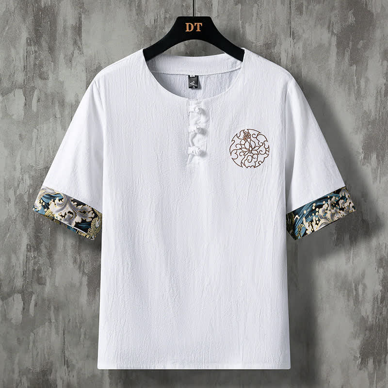 Buddha Stones Summer Casual Frog Button Flower Embroidery Men's Short Sleeve Shirts - White - US/UK/AU46，EU56 (5XL) - image 0