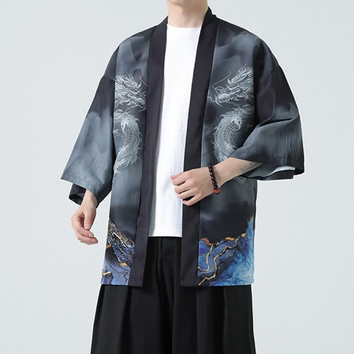 Buddha Stones Summer Casual Dragon Mountains Open Front Men's Kimono - image 5