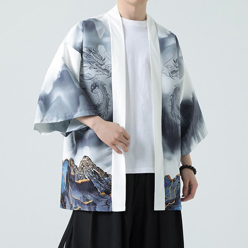 Buddha Stones Summer Casual Dragon Mountains Open Front Men's Kimono - image 19