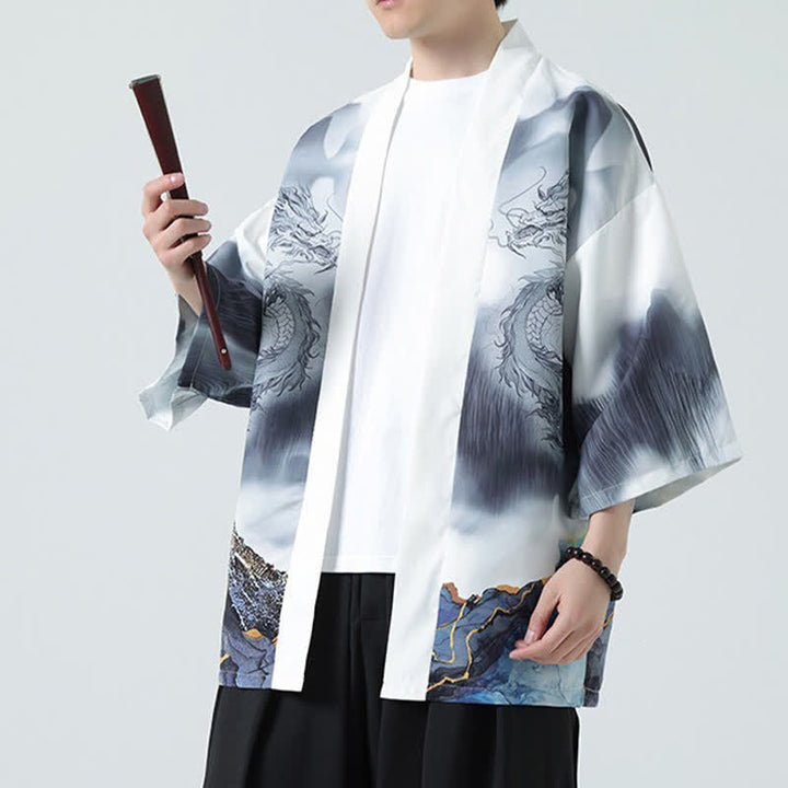 Buddha Stones Summer Casual Dragon Mountains Open Front Men's Kimono - image 16