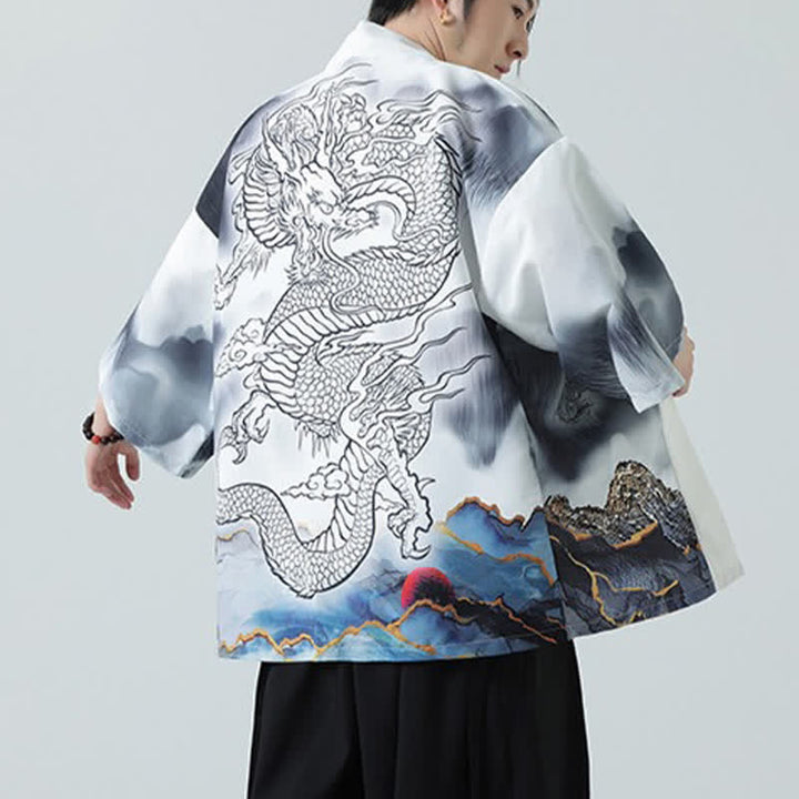 Buddha Stones Summer Casual Dragon Mountains Open Front Men's Kimono - image 20