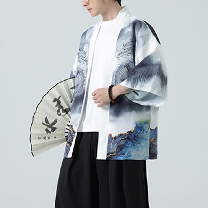 Buddha Stones Summer Casual Dragon Mountains Open Front Men's Kimono - image 21