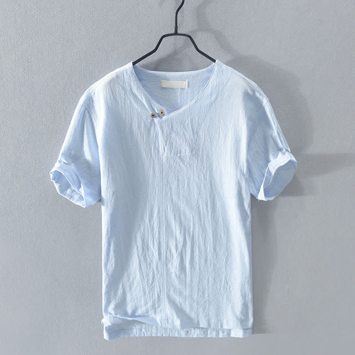Buddha Stones Summer Casual Asymmetrical V-Neck Button Solid Men's Short Sleeve Shirts - LightSkyBlue - US/UK/AU42，EU52 (3XL) - image 4