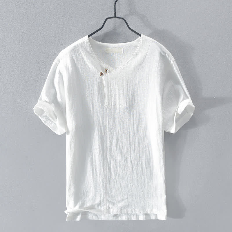Buddha Stones Summer Casual Asymmetrical V-Neck Button Solid Men's Short Sleeve Shirts - White - US/UK/AU42，EU52 (3XL) - image 12