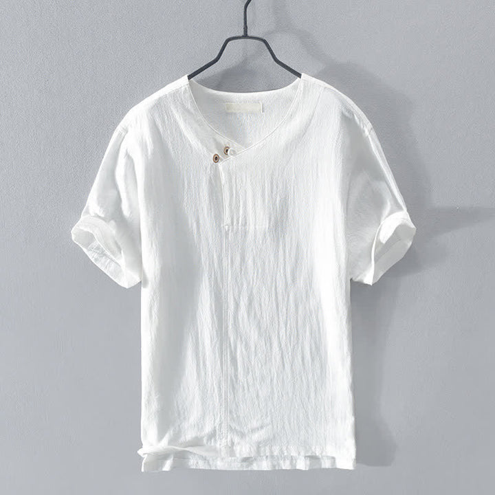 Buddha Stones Summer Casual Asymmetrical V-Neck Button Solid Men's Short Sleeve Shirts - White - US/UK/AU42，EU52 (3XL) - image 12