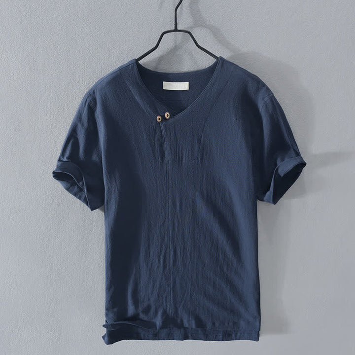 Buddha Stones Summer Casual Asymmetrical V-Neck Button Solid Men's Short Sleeve Shirts - RoyalBlue - US/UK/AU42，EU52 (3XL) - image 8