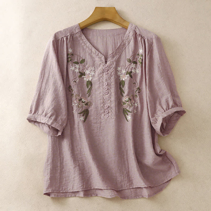 Buddha Stones Summer Boho Embroidery Floral Women's Short Sleeve Shirt - PaleVioletRed - US8-10，UK/AU12-14，EU40-42 (2XL) - image 6