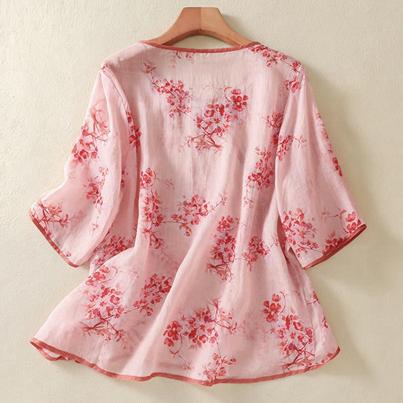 Buddha Stones Summer Frog Button Floral Crew Neck Women's Elbow-Length Sleeve Shirts - image 8