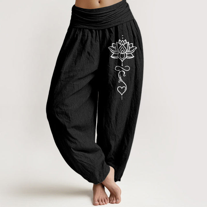 Buddha Stones Pure Cotton Lotus Heart Pattern Women's Elastic Waist Harem Pants - Black - US16，UK/AU20，EU48 (3XL) - image 0