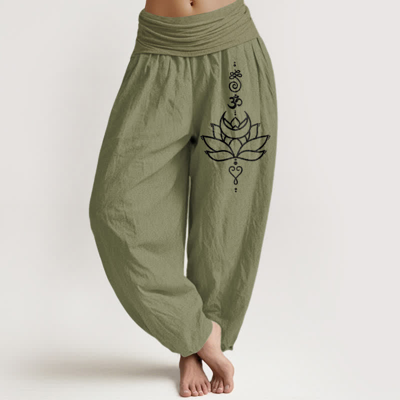 Buddha Stones Pure Cotton Lotus Bloom Pattern Women's Elastic Waist Harem Pants - OliveDrab - US16，UK/AU20，EU48 (3XL) - image 14